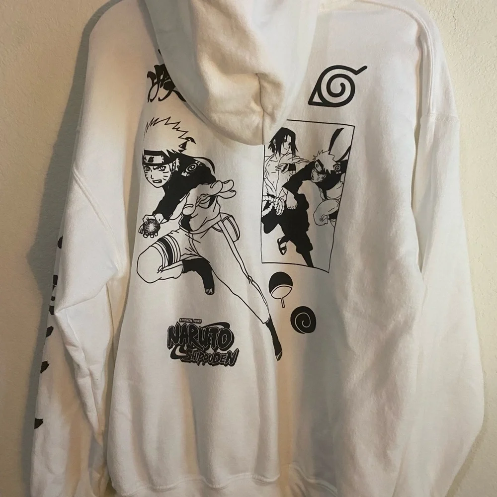 Naruto Shippuden Anime Manga Double Sided Graphic Hoodie White Sweatshirt L